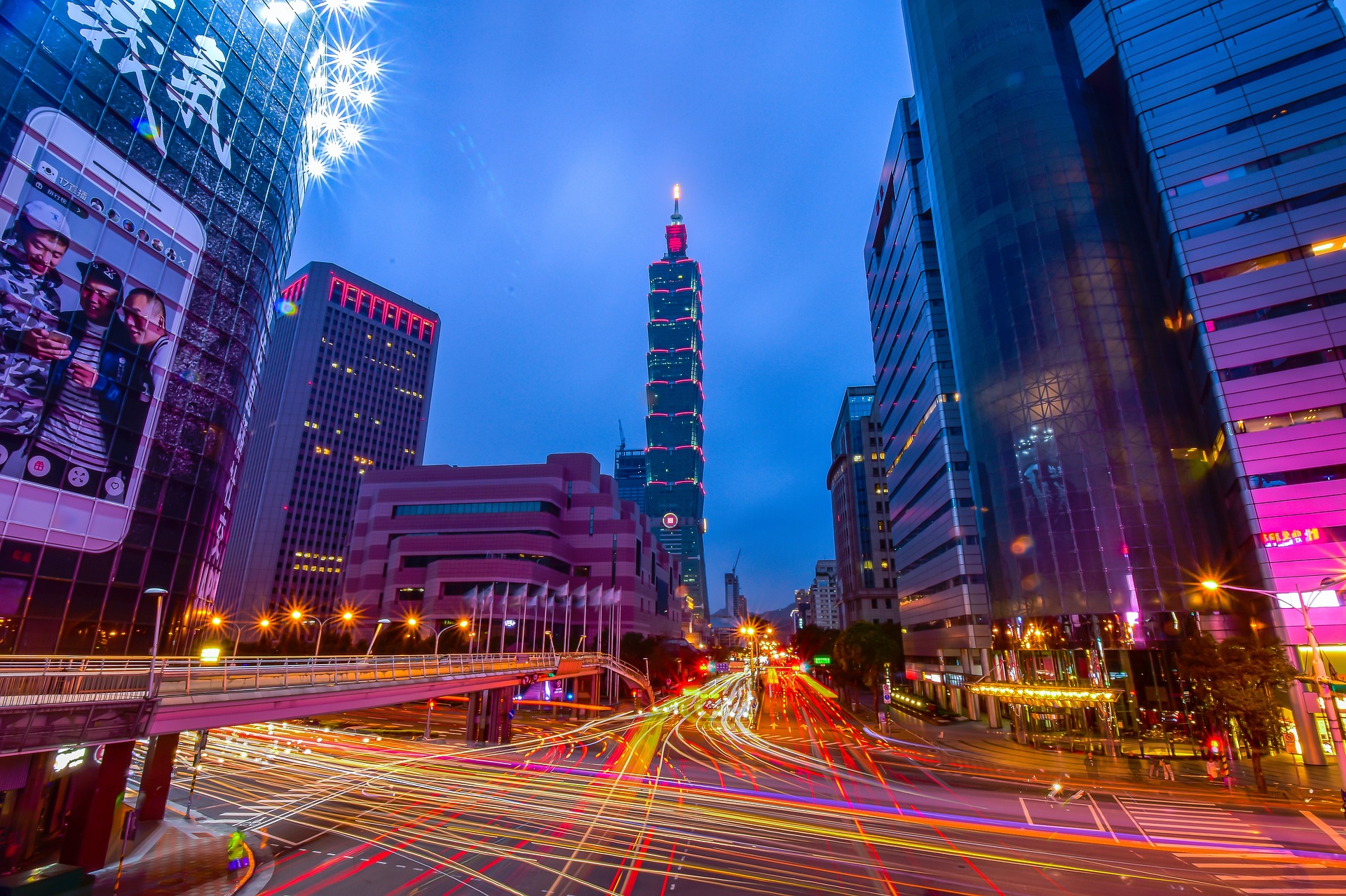 Taipei 101 Street Level with Light Trails